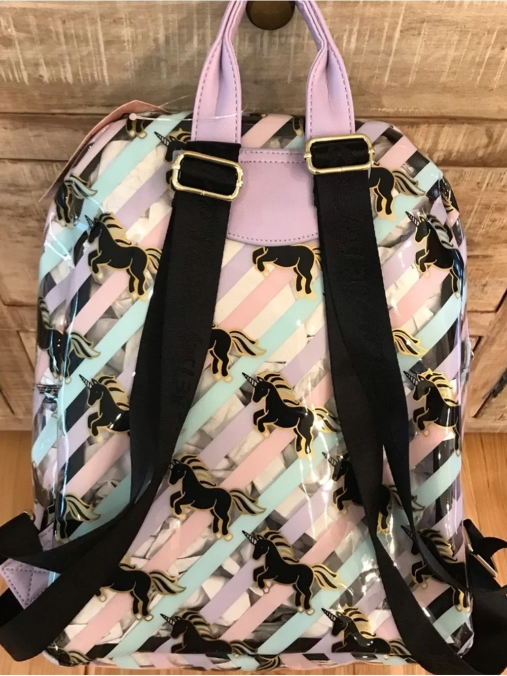 BETSEY JOHNSON Clear Striped Black Unicorn Horse Backpack